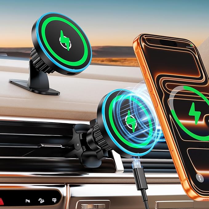 for Magsafe Car Mount Charger, [100% Stable] 15W 2 in1 Magnetic Wireless Car Charger, Vent/Dashboard Phone Holders for Your Car for Women Men Car Phone Holder Car Charger for iPhone 17 16 15 14 13