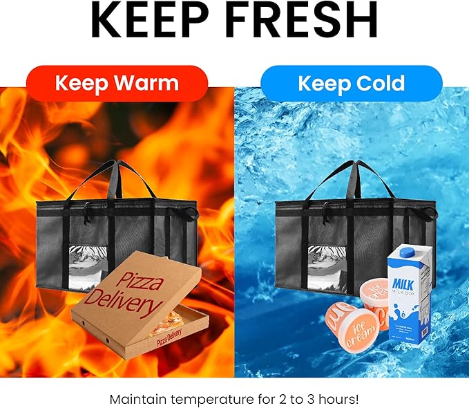 NZ home Insulated Bags for Food Delivery (3XL) Grocery Shopping Cooler Bag, Pizza Delivery, Hot & Cold Catering Tote, Reusable, Foldable & Heavy Duty (Black)