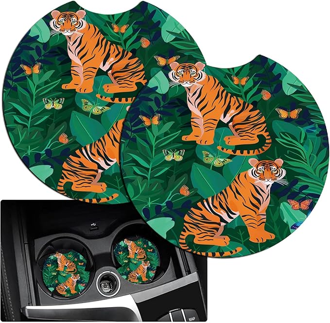 Car Armrest Cover Pads Universal Fashion Cute Auto Center Console Armrest Cover Pad with 2PCS Car Coasters Soft Waterproof Car Armrest Seat Protector for Women, Two Tiger Butterfly