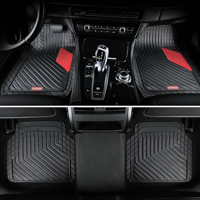 Coverado Red Rubber Car Floor Mats with Metallic Aluminum Film, Waterproof All Weather Protection, Universal Trim-to-Fit Automotive Mats for Cars SUVs Trucks, 4PCS Set
