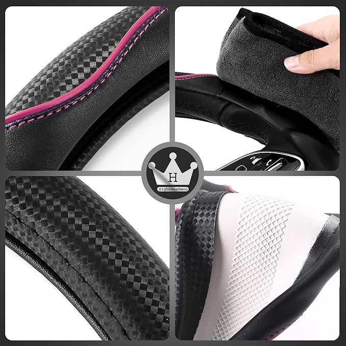 3D Car Steering Wheel Cover Comfort Grip Massage Sporty Anti-Slip Carbon Fiber Faux Leather for Sedan SUV, Universal Fit, Car Handle Covers for All Seasons, 14.75-15.15in, Pink