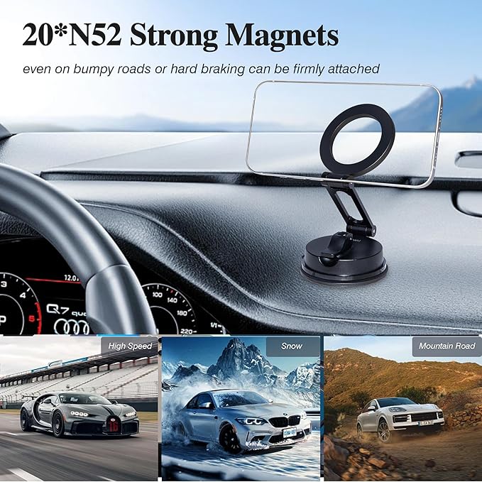 WIWU for MagSafe Car Mount Magnetic Phone Holder 360°Rotation Suction Cup Phone Mount for Car Foldable Adjustable Stable Cradle Compatible with iPhone 17/16/15/14/13/12 Series Android