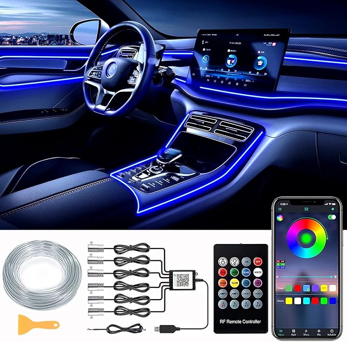 DEHERANE Interior Car LED Strip Lights, RGB 6 in 1 Ambient Lighting Kits with 315 inches Fiber Optic, 16 Million Colors Car Interior Lights with Wireless APP and Remote Control, Sync to Music