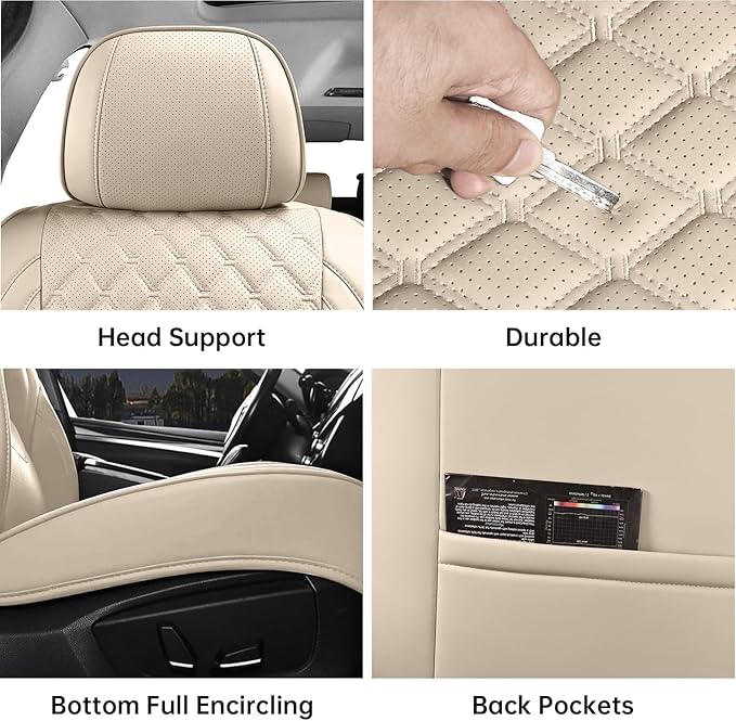 Car Seat Covers Full Set Beige, Luxury Faux Leather Car Seat Covers Waterproof Non-Slip Seat Protector Universal Fit for Most Cars SUVs Trucks Pick-ups,Car Accessories for Front Seats and Back