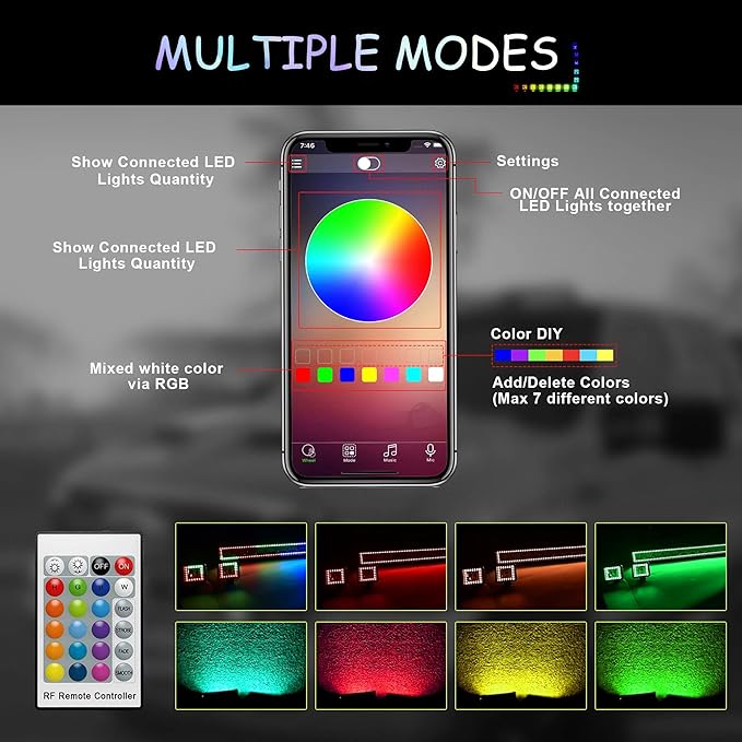 22" RGB LED Light Bar 2Pcs 4" Flood LED Pods with Multi-Color Chasing RGB Halo 16 Solid Colors Over 92 Flashing Modes Offroad Lights Driving Lamp Fog Lights with Switch Wiring Harness