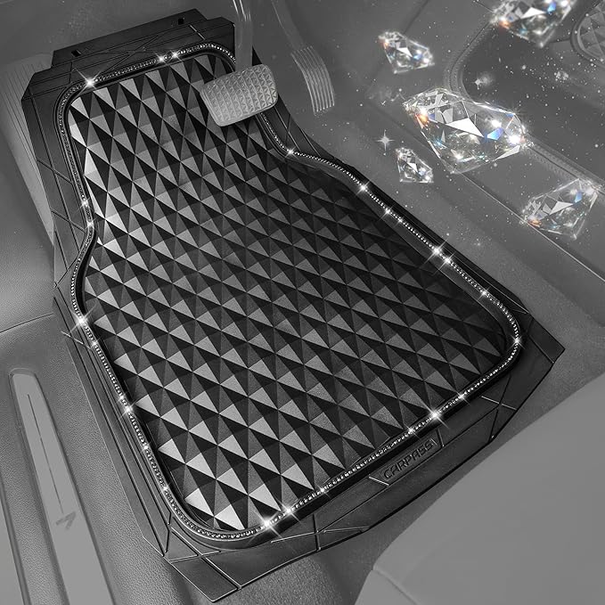 CAR PASS Bling Diamond Rubber Car Mats, Heavy Duty Deep Dish All-Weather Floor Mat Full Set Anti-Slip 3D Rhombus Waterproof Trim to Fit Liner Universal Glitter Sparkly Shining Rhinestone, 3 Pcs Black