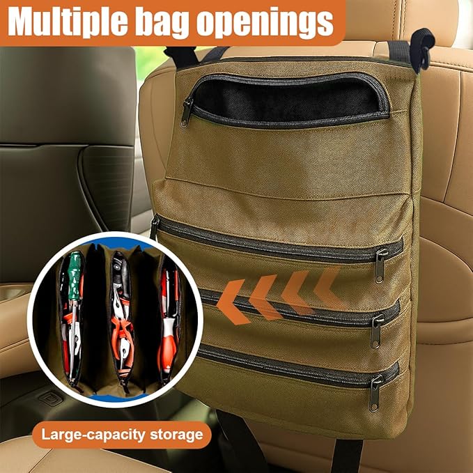 YoRise Car Seat Organizer, Oxford Cloth Roll Up Tool Bag With 5 Zipper Pockets, Hanging Back Seat Car Organizer, Portable Waterproof Vehicle Storage Accessories for Cars, Trucks, SUVs (Khaki)