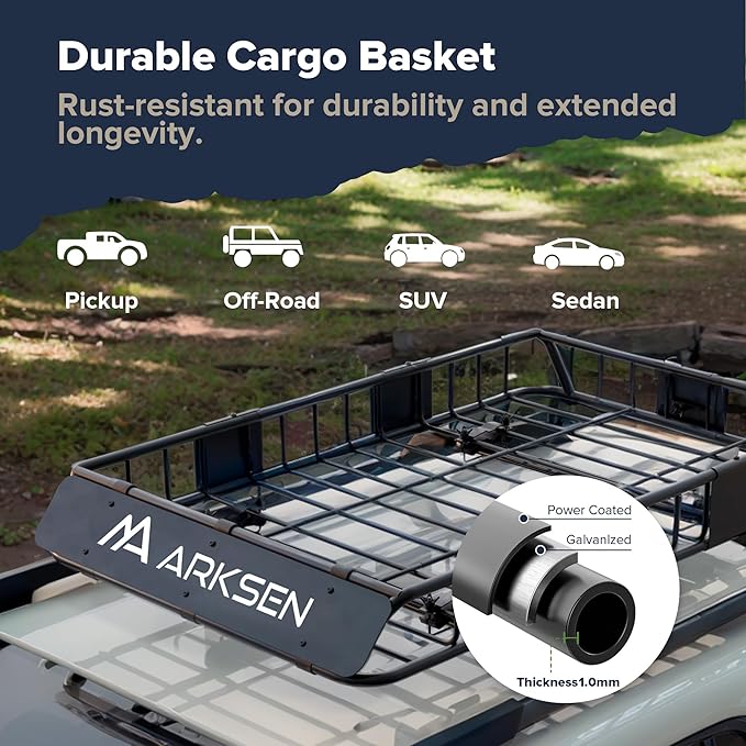 ARKSEN 54 x 34 x 6 Inch Universal Roof Rack with Extension, Cargo Net, 2 Straps, 150 LBS Heavy Duty Capacity Rooftop Cargo Basket for SUV, Truck, RV, Pickup