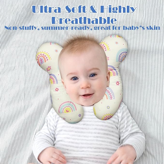 Baby Head Support Pillow for Newborn Toddler, Baby Neck Pillow Upgraded Comfortable Sleep Cushion for Car Plane Stroller Pushchair - Rainbow B