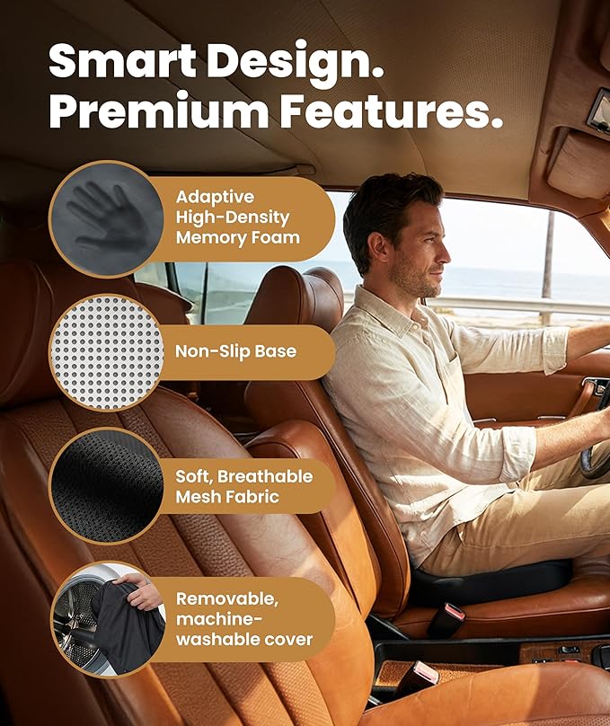 Everlasting Comfort Doctor Recommended Memory Foam Seat Cushion for Office Chairs & Car - Ergonomic Office Desk Accessories - Cushions for Tailbone Pain Relief, Sciatica (Black, Large)