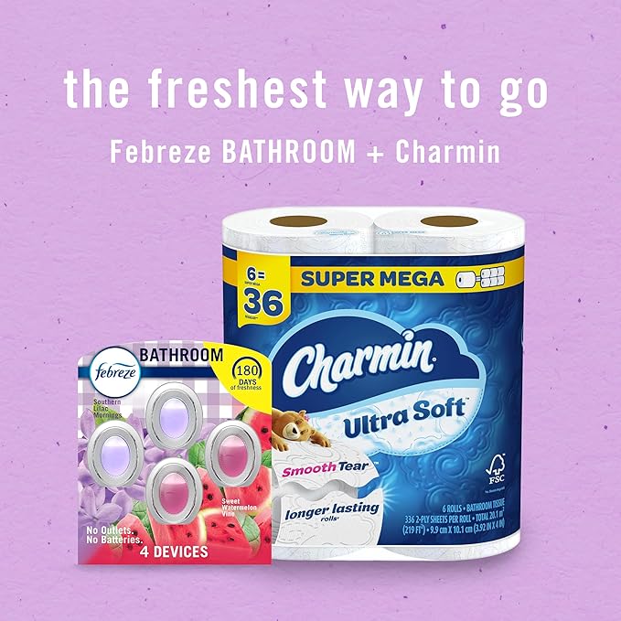 Febreze Bathroom Air Freshener, Odor-Fighting, Plug In Alternative, Air Fresheners for Small Spaces in Home, Bathroom, Kitchen, & Closet, Lilac & Watermelon Scents, 4ct (2 of Each Scent)