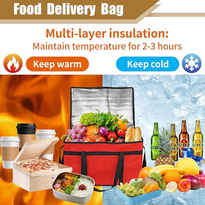 PEASUG Insulated Bags for Food Delivery, XXXL Pizza Delivery Bags, Large Capacity Cooler Bag Keep Food Warm for Grocery Shopping and Catering, Foldable, Heavy-Duty (Red)