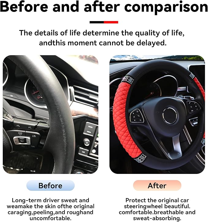 Bling Car Steering Wheel Cover, 15 Inch Rhinestones Soft Leather Elastic Steering Wheel Protector, Sparkly Crystal Diamond for Women Girls, Car Interior Accessories for Most Cars (Red)