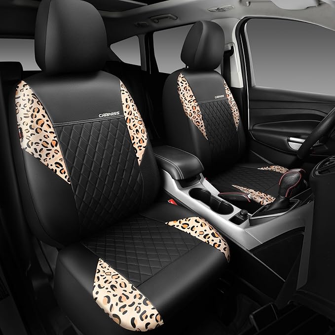 CAR PASS Leather Leopard Two Front Seat Cover Only, Universal Quilting Waterproof Deluxe PU Premium Vinyl Luxury Car Seat Cover Airbag Compatible for Most Sedan,SUV,Truck(Two Front, Brown Leopard)