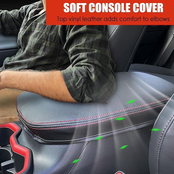 Center Console Cover for Toyota RAV4 2025 2024 2023 2022 2021 2020 2019 - Leather Middle Armrest Cover for Toyota RAV4 Interior Accessories (Red Stitches)