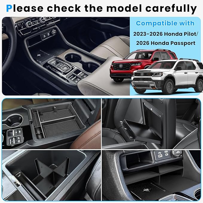 4PCS Center Console Organizer Compatible with 2023-2026 Honda Pilot/2026 Honda Passport Armrest Storage Box Divider Storage Tray & Insert Hidden Storage Box Interior Accessories