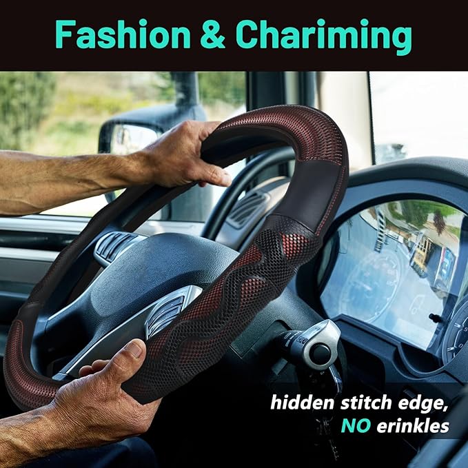 18 Inch Truck Steering Wheel Cover Leather Wheel Semi-Truck Comfy Grip Cover Anti Slip Car Accessory, Fits Rv, Big Rig and Classic Car(Red, Classic Style)