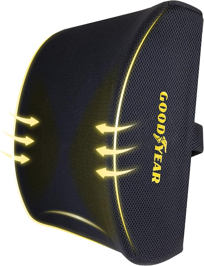 Goodyear Ergonomic Lumbar Support Pillow for Office Chair, Gaming Chair, or Car, Memory Foam Cushion with Ventilated Mesh and Adjustable Strap for Long Lasting Comfort