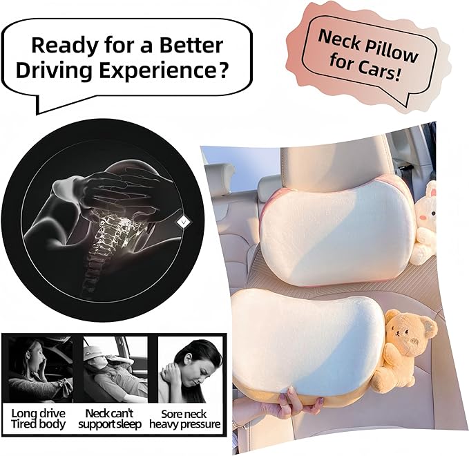 Cute Car Headrest Pillow 2PCS Bear Bunny Car Seat Neck Pillow Memory Foam Neck Support Cushions for Comfortable Driving Easy Install & Washable (Pink+Brown)