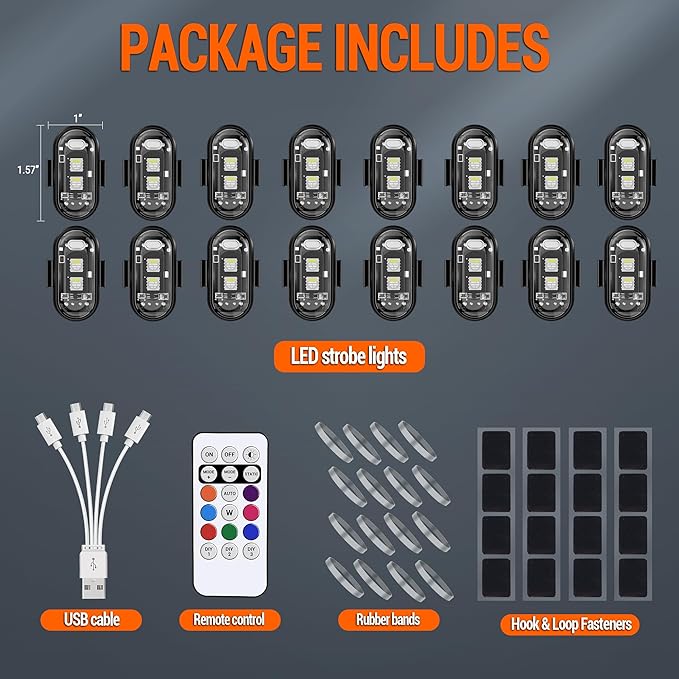 Wireless LED Strobe Lights Remote Control, 8 Colors USB Charing Waterproof Anti-Collision Flashing Emergency Warning Lights for Car Motorcycle Drone Aircraft Bike 16PCS