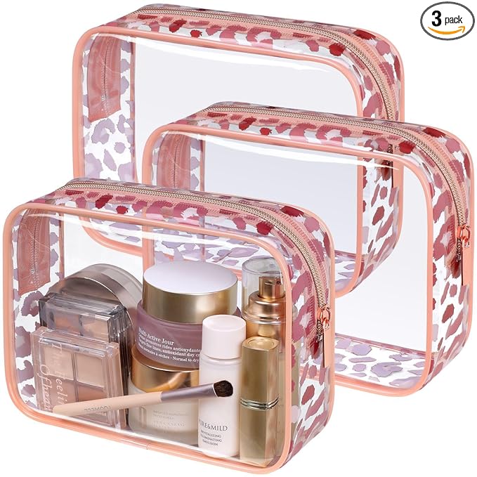 PACKISM TSA Approved Toiletry Bag - Rose Gold Leopard Print Clear Makeup Bag, Suitable for Gifts, with Supporting Frame, Perfect for Travel Essentials, Thick No Smell