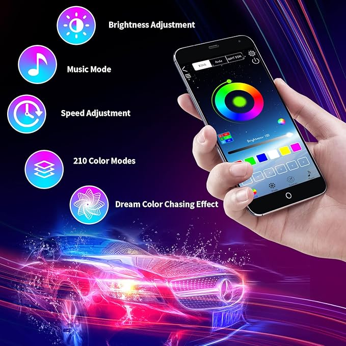 Neon Underglow Car Lights, 6PCs Dreamcolor Underglow Kit for Car with APP Control, 210 Color Modes and 255 Voice Control Modes, Waterproof LED Car Lights Exterior for Cars, Trucks, Boats