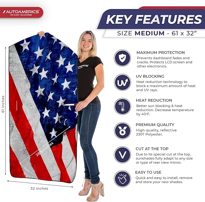 Autoamerics 1-Piece Windshield Sun Shade Grunge American Flag - 4 USA Design - Foldable Car Front Window Sunshade for Most Sedans SUV Truck - Blocks Max UV Rays and Keeps Your Vehicle Cool - Medium