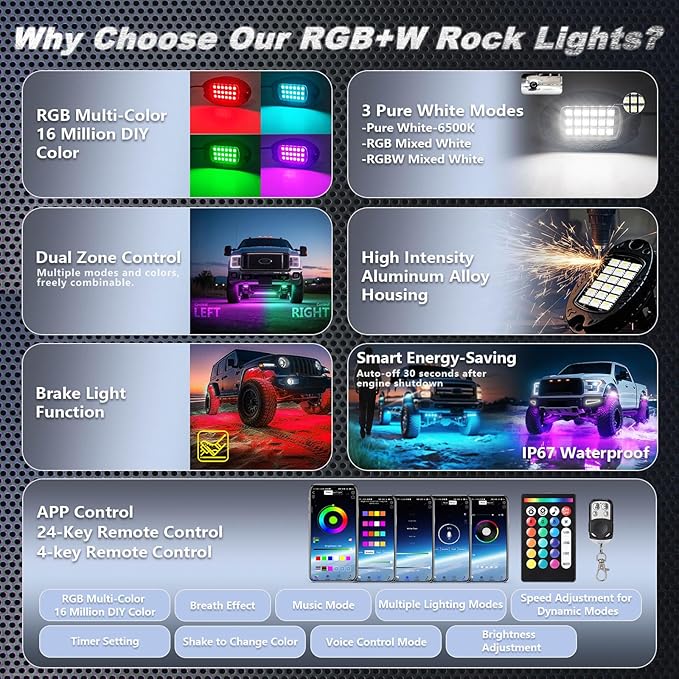 16Pods Heavy Duty Aluminum RGBW LED Rock Lights Kit for Trucks Pickup Jeep Gladiator Off-Road, APP/RF Remote, Plug&Play Pre-Wired, IP67 Waterproof Multicolor Dual Zone 12V Underglow Accent Lights