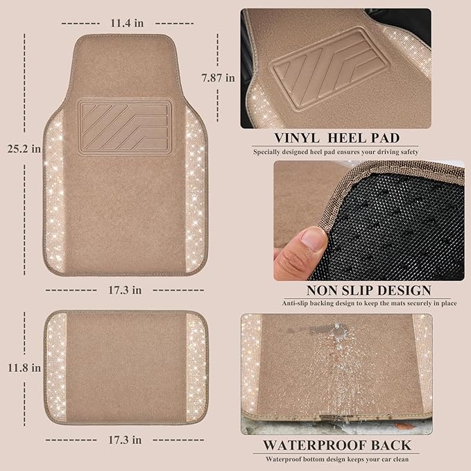 CAR PASS Bling Car Mats Shining Diamond Carpet Crystal Rhinestones Sparkly Glitter Floor Mats with Anti-Slip PVC Heel Pad Universal Fit for Automotive SUV, Sedan, Car, Van, 4pcs for Girl Women, Beige