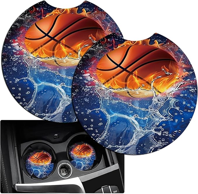 Car Armrest Cover Pads Universal Fashion Cute Auto Center Console Armrest Cover Pad with 2PCS Car Coasters Soft Waterproof Car Armrest Seat Protector for Women, Basketball