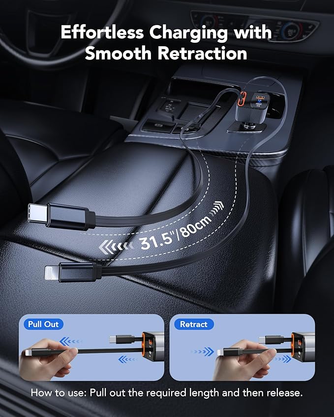 2026 Updated 78W Retractable Car Charger,4-in-1 Car Charger with 2.6ft Dual USB-C & Lightning Cables,2 Ports Car Accessories Fast Charging,180° Rotation Car Charger for iPhone, Samsung,Galaxy, Pixel