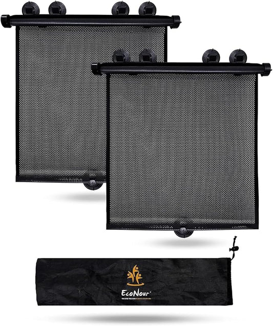 EcoNour Car Window Covers for Baby (2 Pack) | Retractable Car Window Shades for Protecting Kids, Passengers & Pets from Harmful Sun Rays | Window Sun Shade for Trucks, SUVs | (22”x24”)