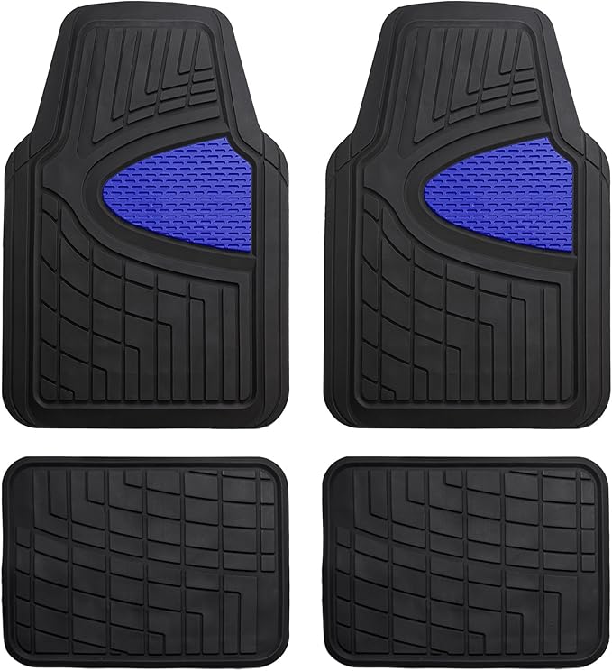 FH GROUP Car Seat Covers Premium Tall Channel Rubber Trimmable Floor Mats w. FH3001 Snake Pattern Silicone Steering Wheel Cover- Universal Fit for Trucks, SUVs, and Vans (Blue/Black) F11311