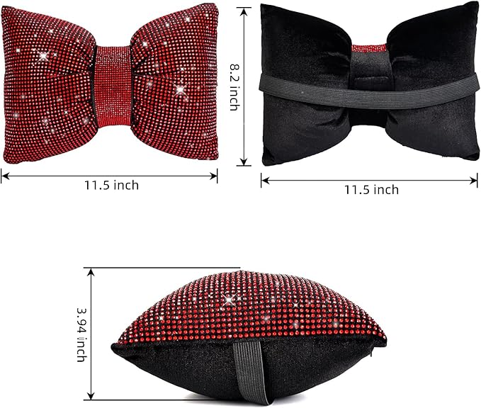 4 PCS Bling Car Pillows,Rhinestones Bowknot Car Headrest Pillow,Car Neck Pillow for Driver Relax Necksupport,Sleeping Travel Support Neck Pillow,Shiny Diamond Interior Accessories for Women,Red