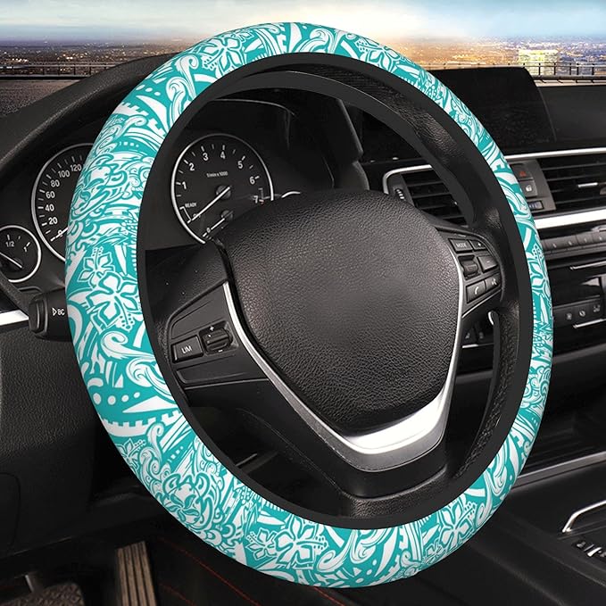 Hawaiian Teal Tribal Turtles Car Steering Wheel Cover for Women Men Stretch Cloth Anti-Slip Wrap Protector Case Fit Universal Auto Accessories Decor Sweat Absorption 14-15 Inch