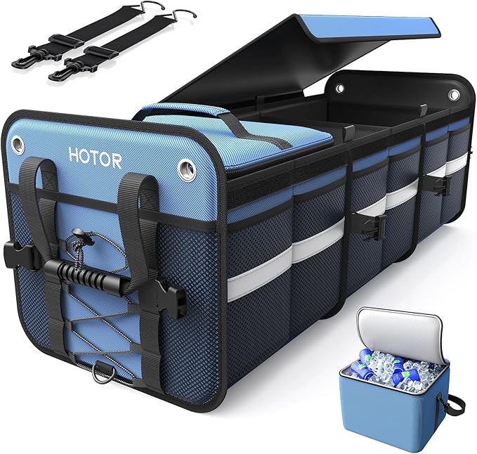 HOTOR Trunk Organizer - 3-Compartment Car Organizer and Storage with Cooler Bag, Foldable Car Storage Organizer for SUV with Handles & Strap for Shopping, Picnic, 33.1" x 13.0" x 11.8", Blue