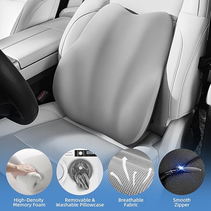 BEBAS Lumbar Support Pillow for Car, Memory Foam Back Cushion for Driving, Ergonomic Lumbar Pillow for Pain Relief, Comfort Lower Back Support for Office Chairs, Car Seat, Wheelchair -Gray