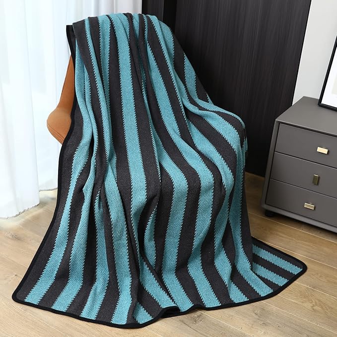 PuTian Merino Wool Blanket - 63" x 51" Thick Warm Soft Twin Bed Throw - Great for Camping, Outdoors, Travel, Car, Couch All Seasons Blue Stripe