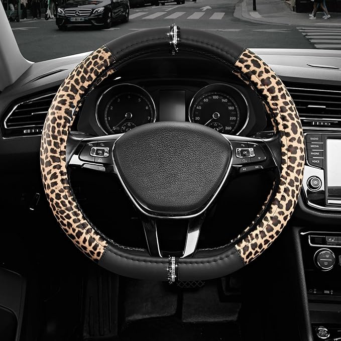 Road Comforts Leopard Steering Wheel Cover - Made with PVC Leather Cheetah Print, D-Shaped Automotive Steering Wheels - Anti-Slip, Universal Fit 14 1/2 inches to 15 inches - Black