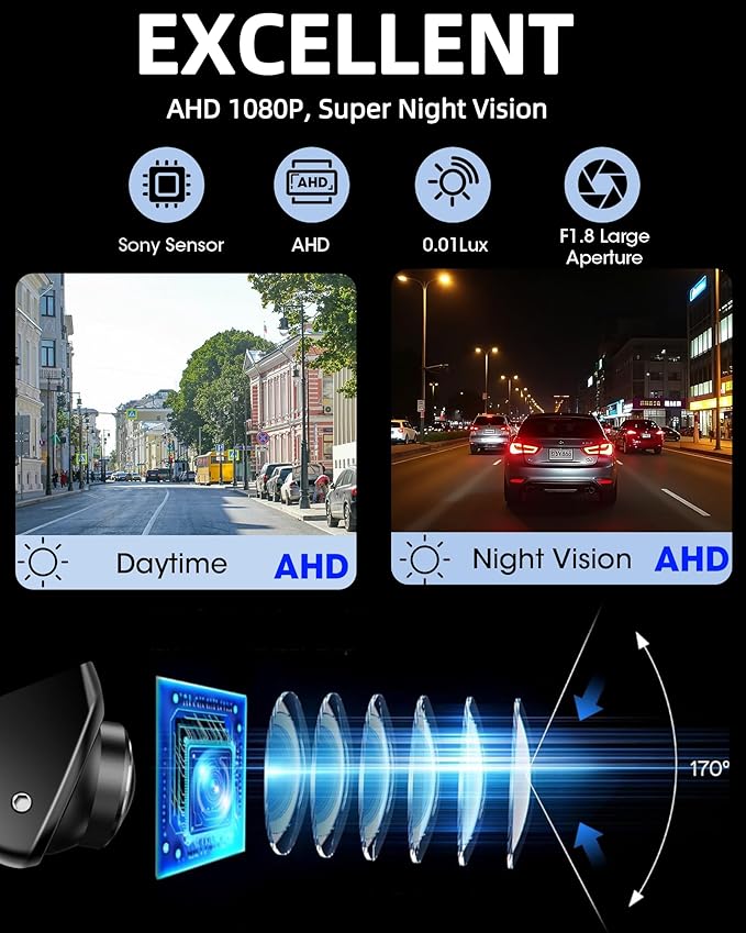 【360°Rotatable】 AHD 1080P Backup Camera for Car Super Night Vision 170° Wide Angle Reverse Camera IP69 Waterproof Back Up Camera for Cars Front Rear View Camera w Parking Assist