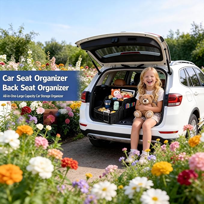 Car Seat Organizer Backseat and Passenger Seat Organizer with 9 Compartments 2 Cup Holders Car Organizer Front Seat Storage for Travel Kids，Black