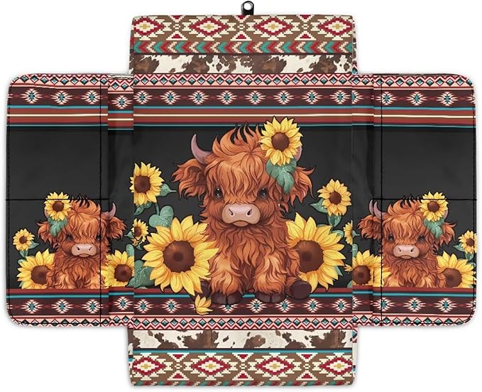 Wanyint Aztec Highland Cow Sunflower Center Console Cover Non-Slip Armrest Box Pad with 4 Storage Bags Comfortable Arm Rest Pad Middle Console Cushion Protector Auto Interior Accessories
