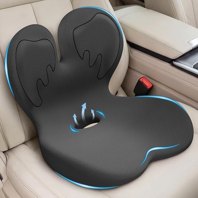 Car Seat Cushion with Lumbar Support for Long Driving Truck RV, 3" Lift Breathable Ergonomic Memory Foam Cushion for Hip, Coccyx, Sciatica, Tailbone & Lower Back Support Van Office Chair (Embroider)