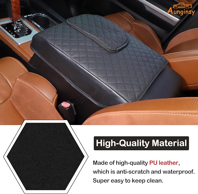 Aunginsy Leather Center Console Armrest Cover Compatible with Toyota Tundra 2014-2021, Car Middle Console Cushion Lid Pad Scratch Protector, Armrest Seat Box Cover with Pocket Storage Bag Accessories
