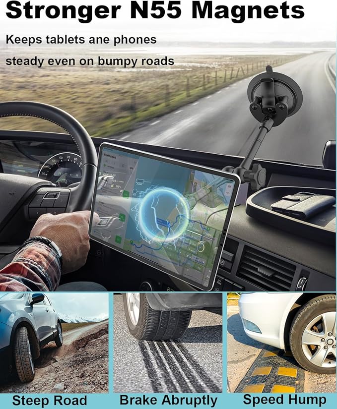 Heavy Duty Magnetic Tablet Mount for Truck Dashboard Windshield, Long Arm Suction Cup Car Mount for iPad Pro Air Mini 4–11'', MagSafe Holder for SUV Van Pickup iPhone 16/15 Galaxy