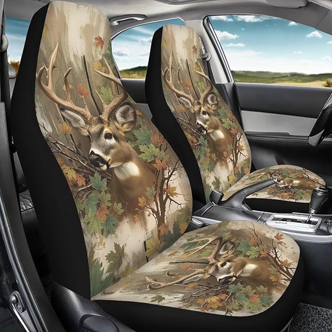 KEIAHUAN Deer Camo Hunting Car Seat Covers for Front and Rear Full Set 4 Piece Universal Front Bucket Seat Cover & Rear Bench Seat Protector Stretchy Breathable for Vans, Trucks, SUVs