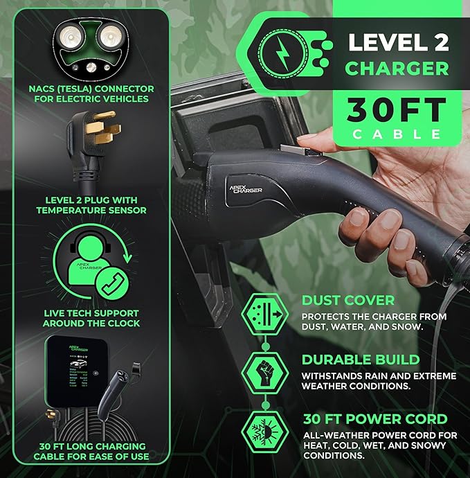 MACH 2. NACS/Tesla Connector. Fast Level 2 EV Charger 48 amp Garage-pro wall-Mount. Electric Vehicle Charging Station 4 Nema 14-50 Outlet & Hardwired. Key Accessories: 30ft Cable, 5-Year Coverage