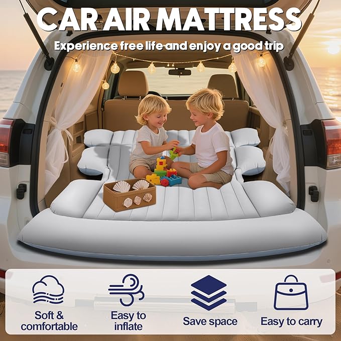 SUV Air Mattress with Air Pump,Thickened Camping Bed with 2 Pillows,Portable Car Air Mattress,Quick Easy Set-Up,Inflatable Bed for car,Durability Car Bed for SUV,Home,Travel,Camping(GreyWhite)