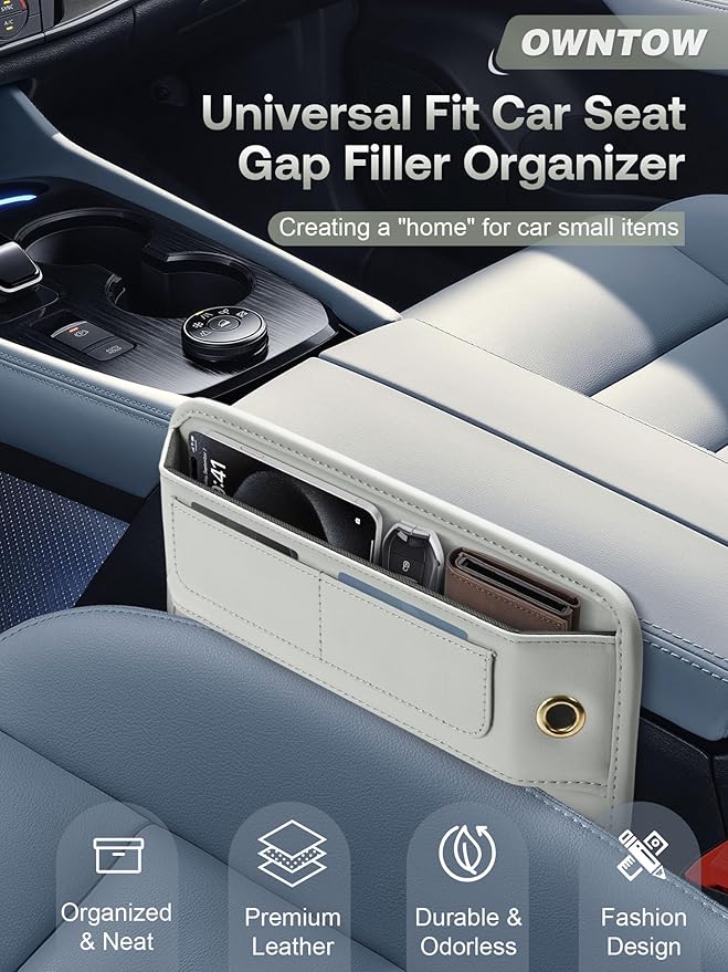Universal Fit Premium Leather Car Seat Gap Filler Organizer, Center Console Organizer with Card Slots, Clever Gifts for Car SUV Truck Owners (Beige, 1 Pack)