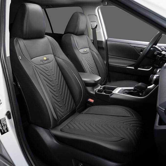 PU Leather Car Seat Covers Front Set – Waterproof seat Cover for Cars，3D Foam Support Automotive seat Covers ，Airbag Compatible, Universal Fit for Cars SUVs Trucks Sedans（Black/Grey）